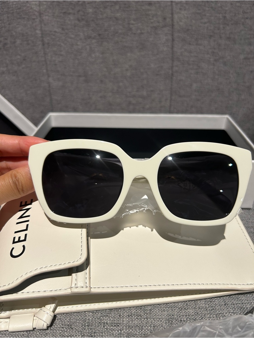 Celine White Square Sunglasses with Dark Lenses